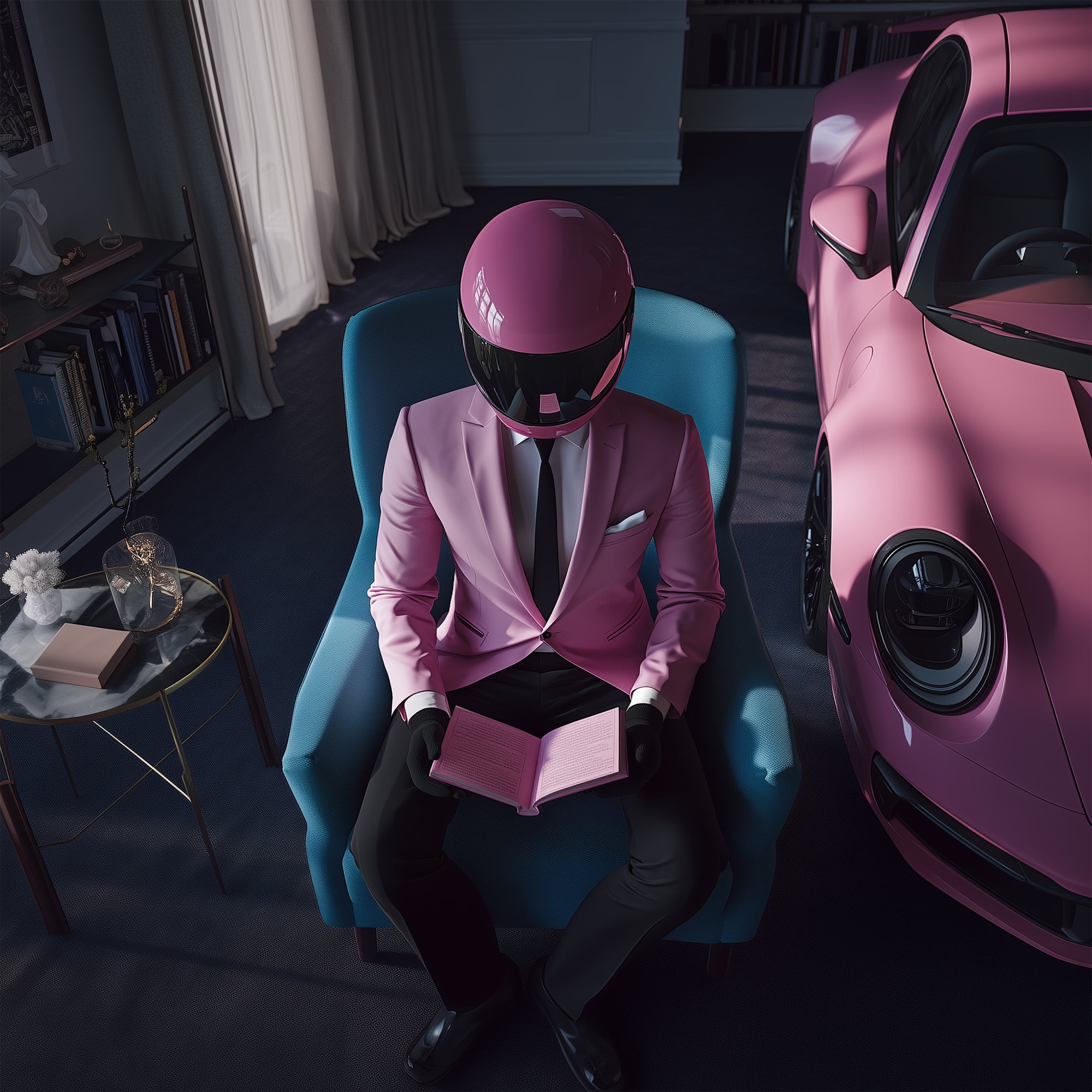 Mr. Licci reading a book in a lounge chair beside a pink sports car in a refined interior setting


