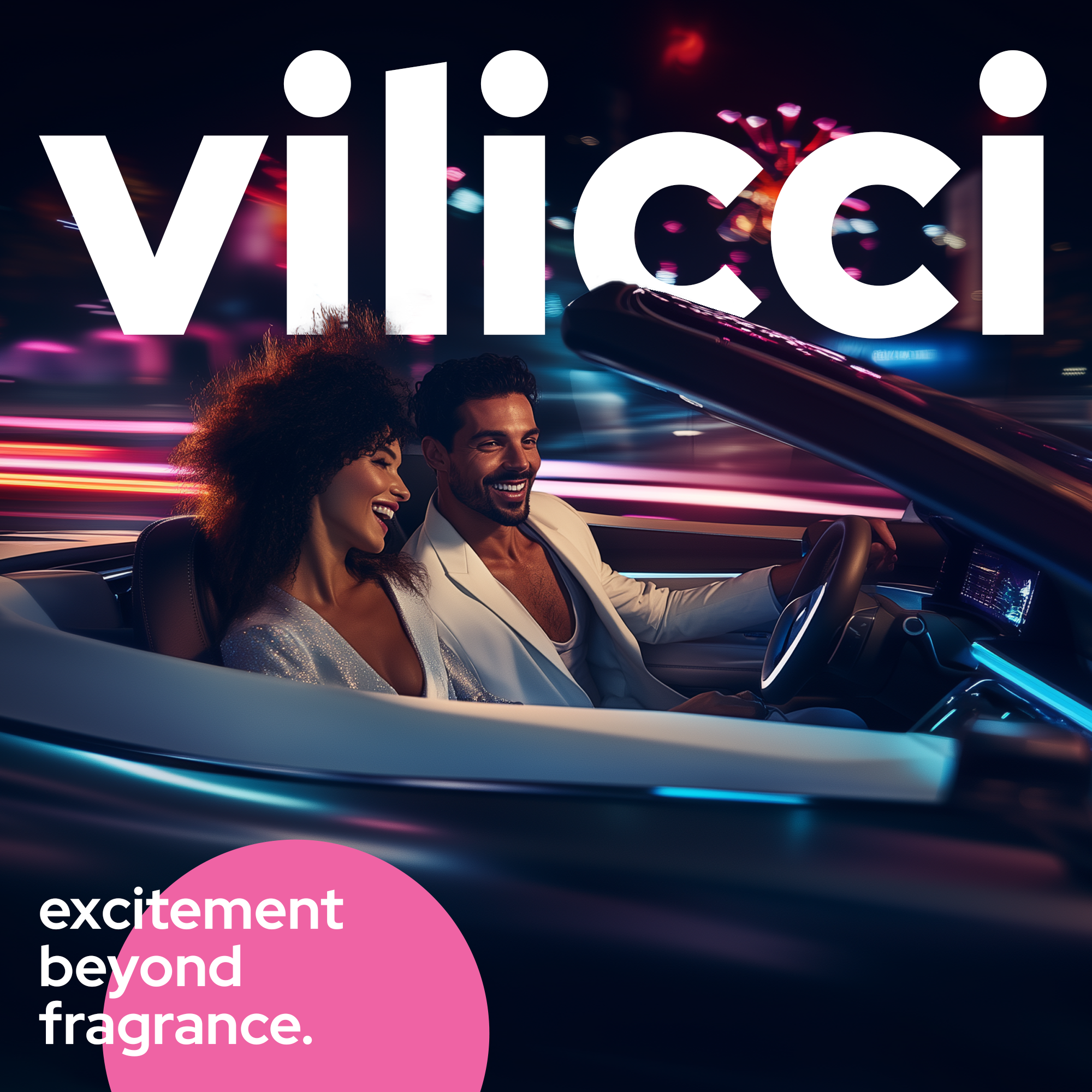  Champagne Soirees fragrance represented by elegant nighttime convertible drive with energetic brand messaging

