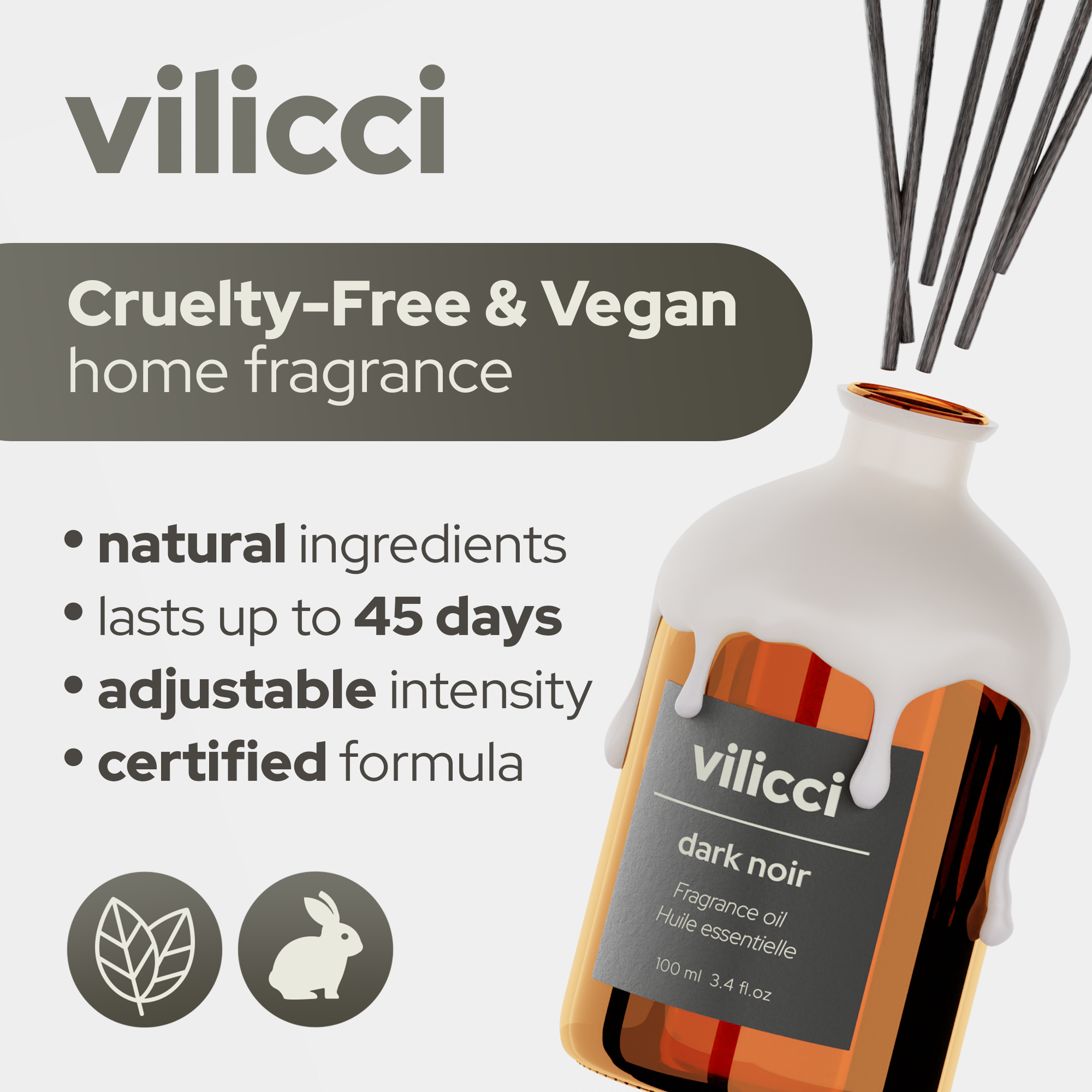 Vilicci Dark Noir home fragrance with natural ingredients, certified formula, cruelty-free and vegan claims, and adjustable scent intensity

