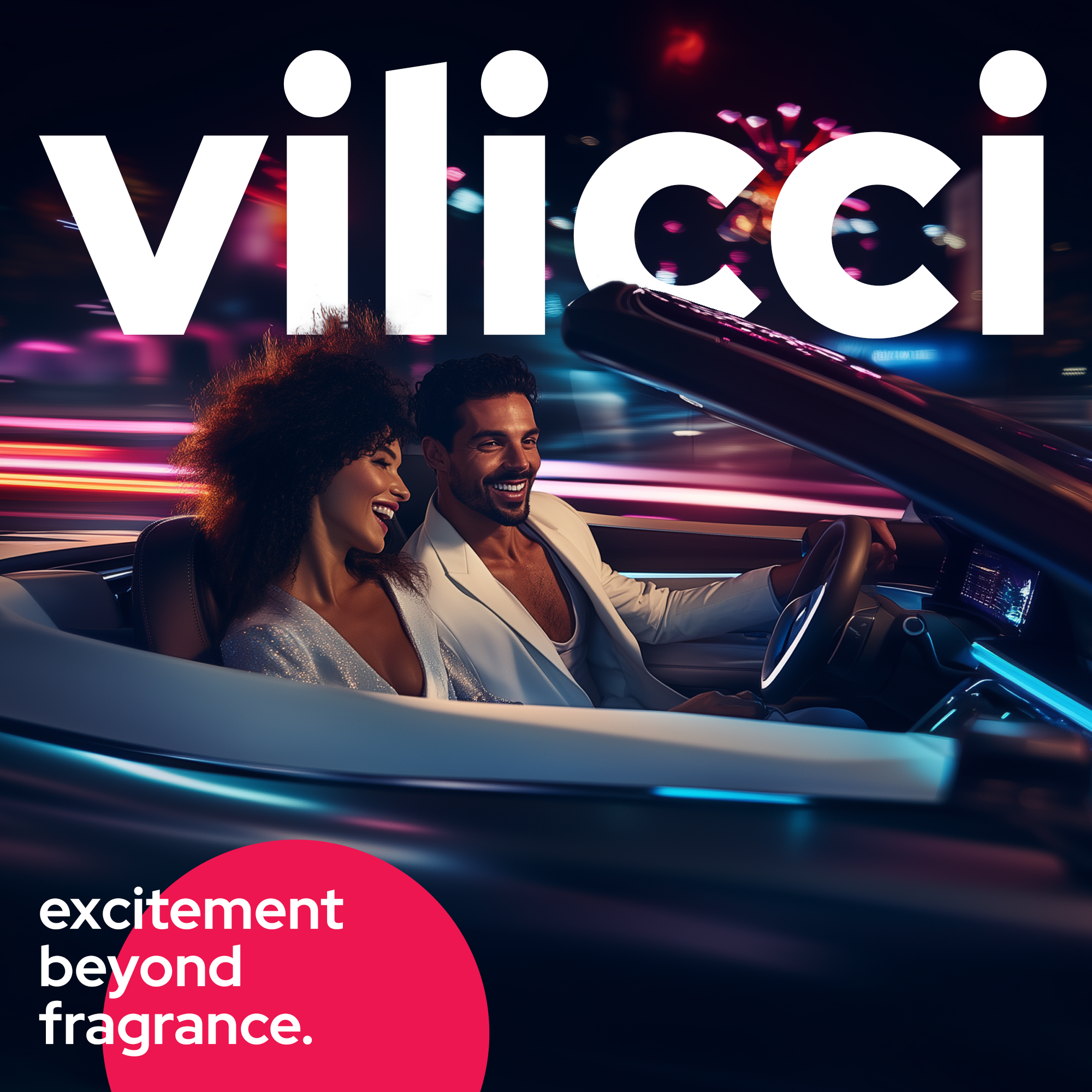 Montreal Romance car diffuser presented in joyful convertible scene under city lights