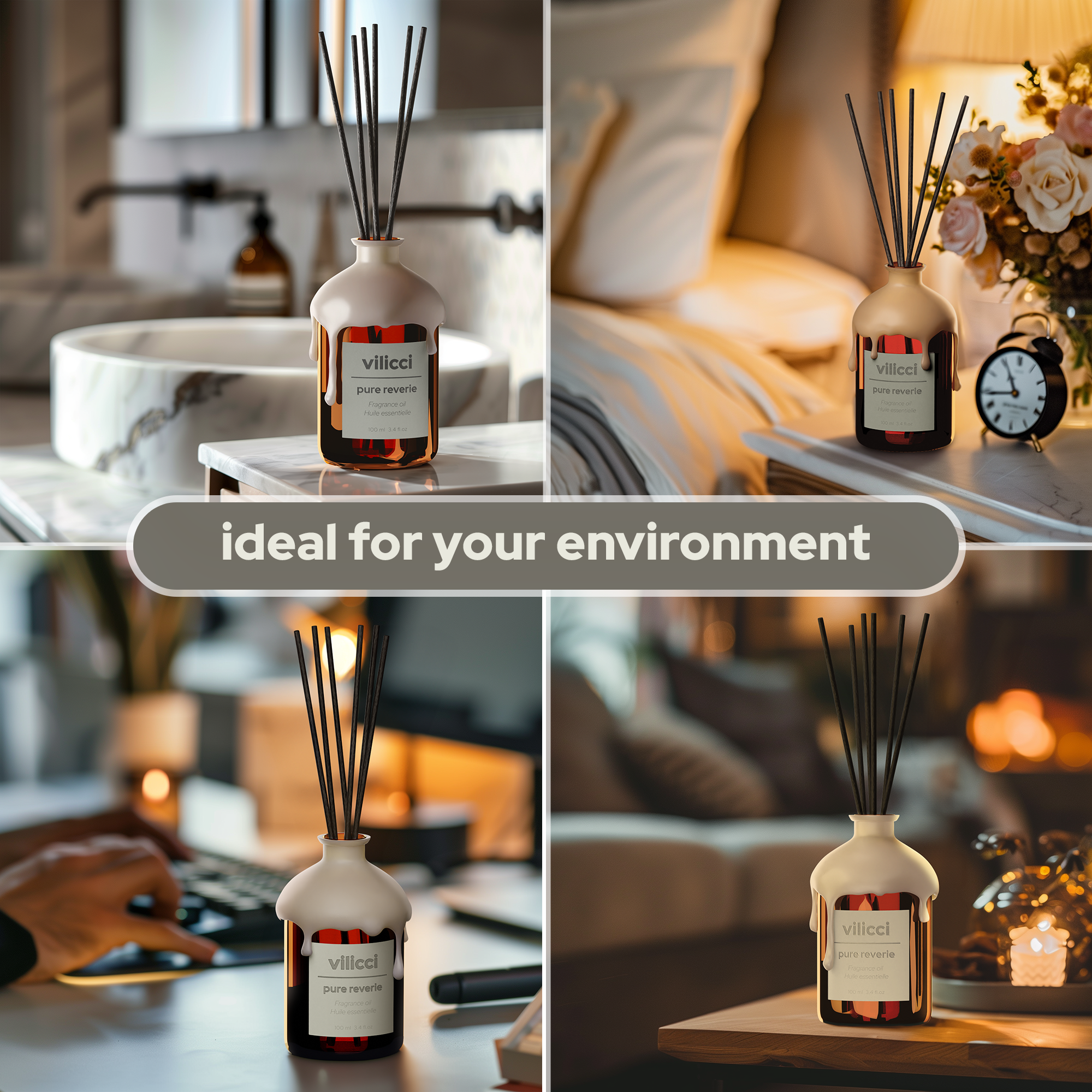 Vilicci Pure Reverie home diffuser displayed in bathroom, bedroom, office, and living room settings


